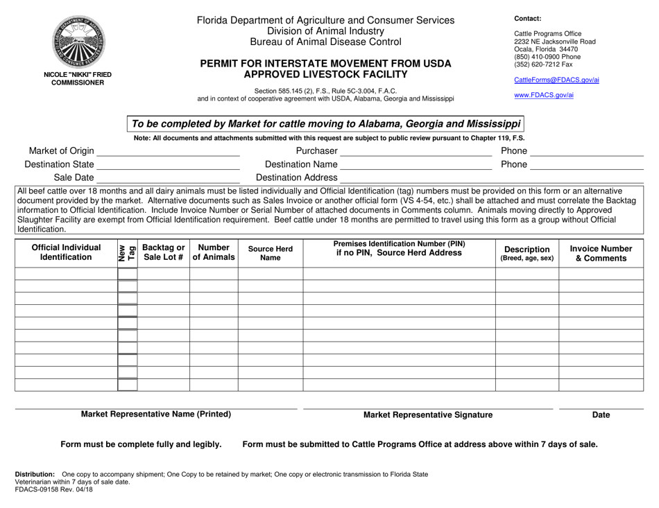 Form FDACS-09158 Permit for Interstate Movement From Usda Approved Livestock Facility - Florida, Page 1
