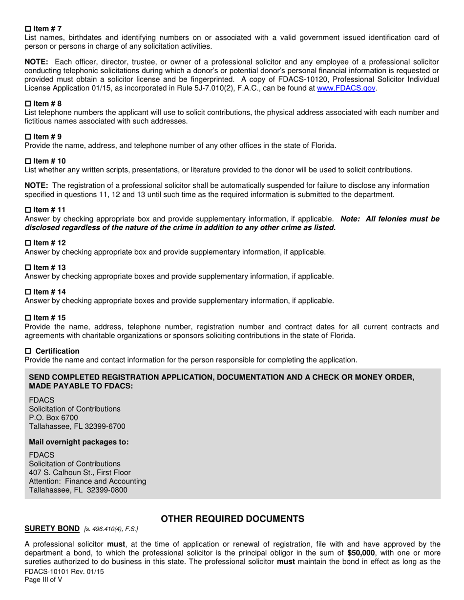 Form FDACS-10101 Professional Solicitors Registration Application - Florida, Page 4