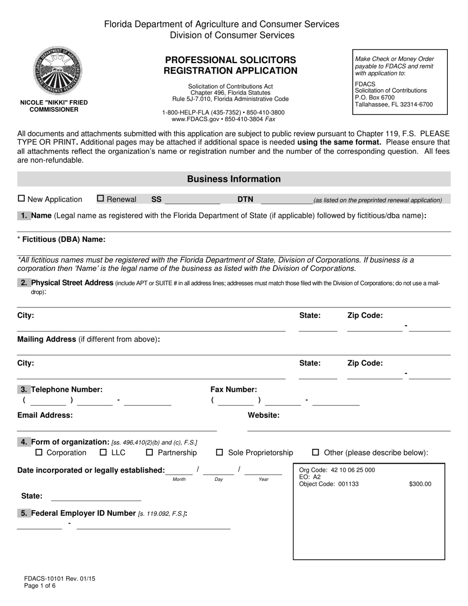Form FDACS-10101 Professional Solicitors Registration Application - Florida, Page 7
