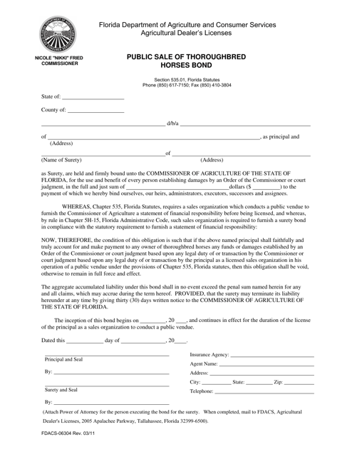 Form FDACS-06304 Public Sale of Thoroughbred Horses Bond - Florida