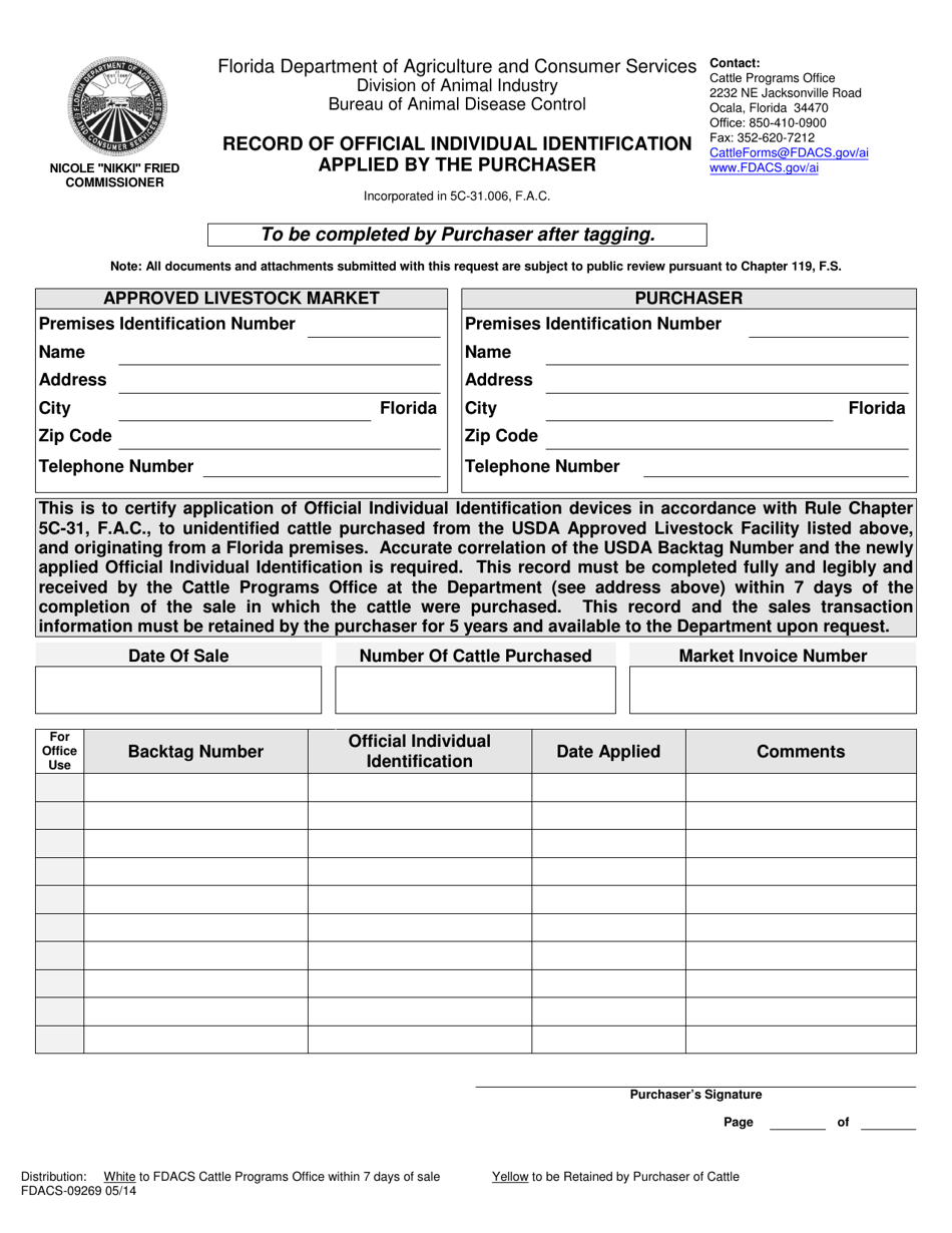 Form FDACS-09269 Record of Official Individual Identification Applied by the Purchaser - Florida, Page 1