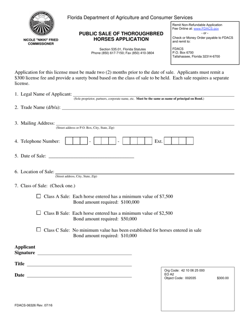 Form FDACS-06326 Public Sale of Thoroughbred Horses Application - Florida