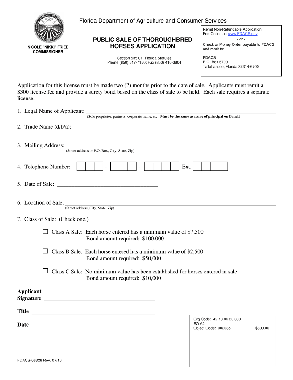 Form FDACS-06326 Public Sale of Thoroughbred Horses Application - Florida, Page 1