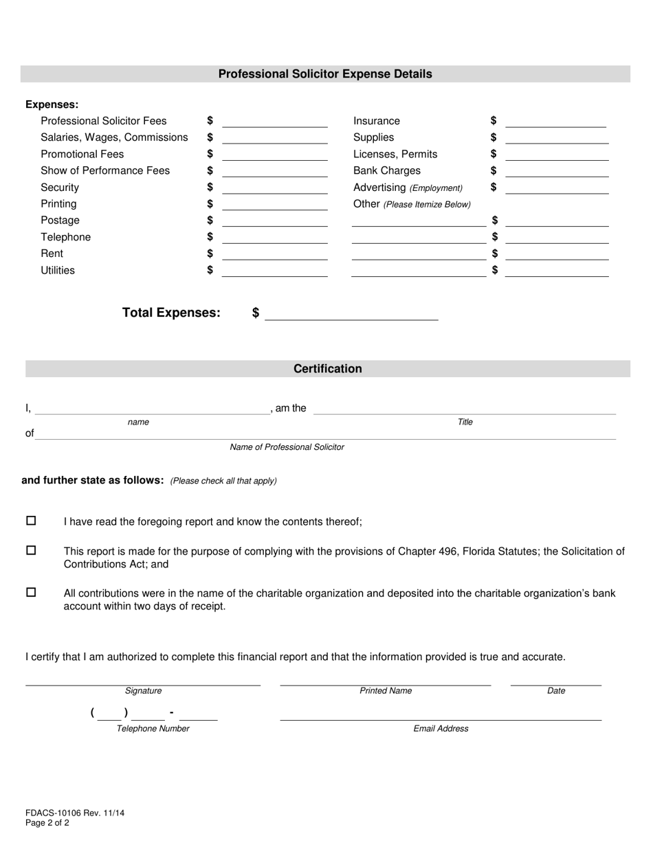 Form FDACS-10106 Professional Solicitors Financial Report of Campaign - Florida, Page 2