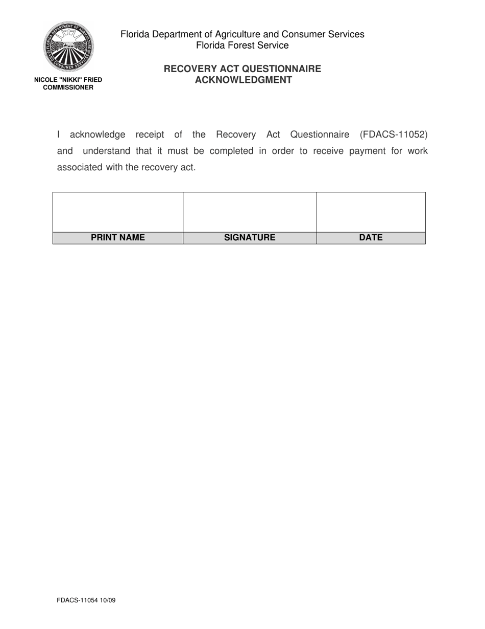 Form FDACS-11054 Recovery Act Questionnaire Acknowledgment - Florida, Page 1