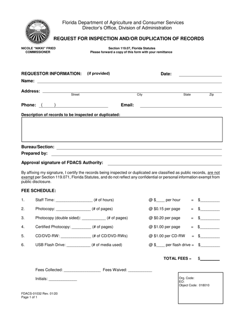 Form FDACS-01032 Request for Inspection and/or Duplication of Records - Florida