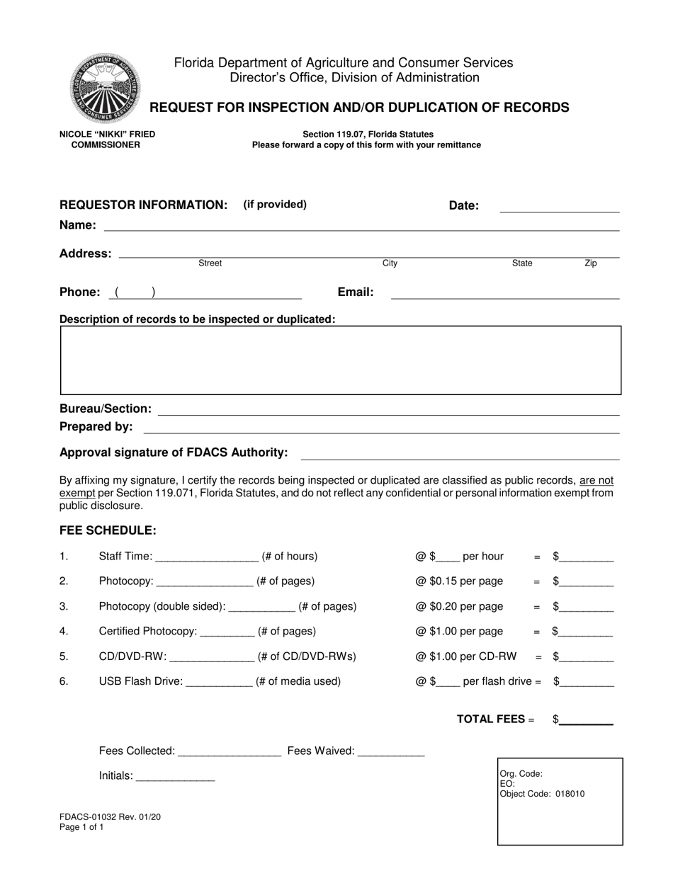 Form FDACS-01032 Request for Inspection and / or Duplication of Records - Florida, Page 1