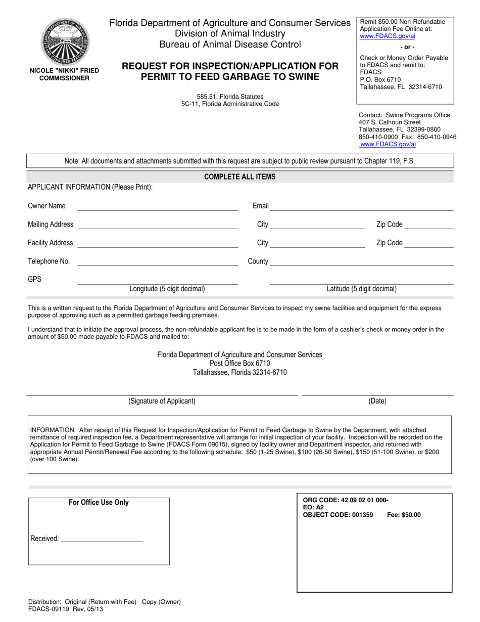 Form FDACS-09119 Request for Inspection / Application for Permit to Feed Garbage to Swine - Florida, Page 1