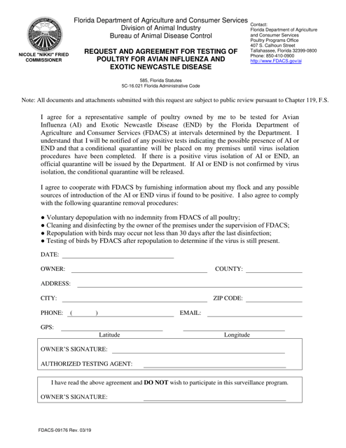 Form FDACS-09176 Request and Agreement for Testing of Poultry for Avian Influenza and Exotic Newcastle Disease - Florida