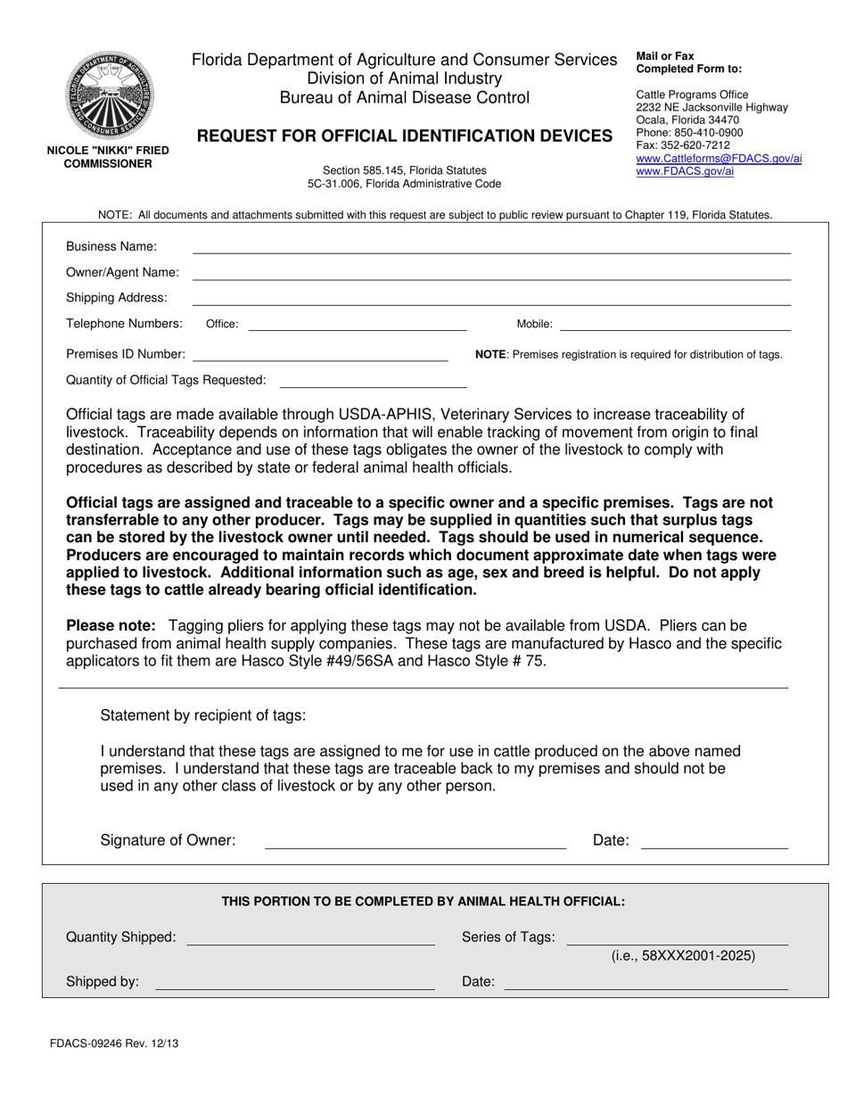 Form FDACS-09246 Request for Official Identification Devices - Florida, Page 1
