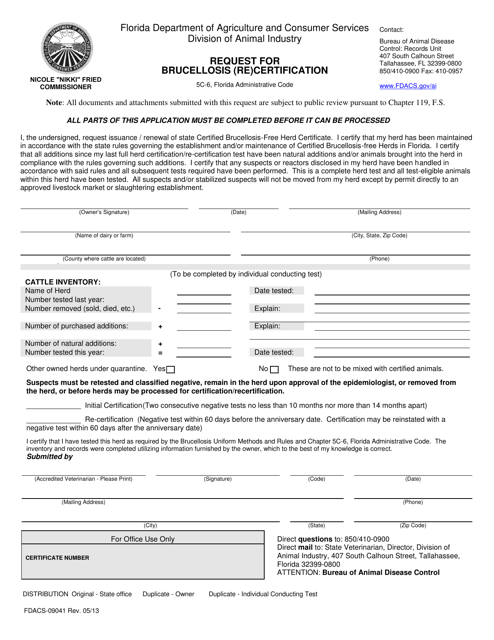 Form FDACS-09041  Printable Pdf