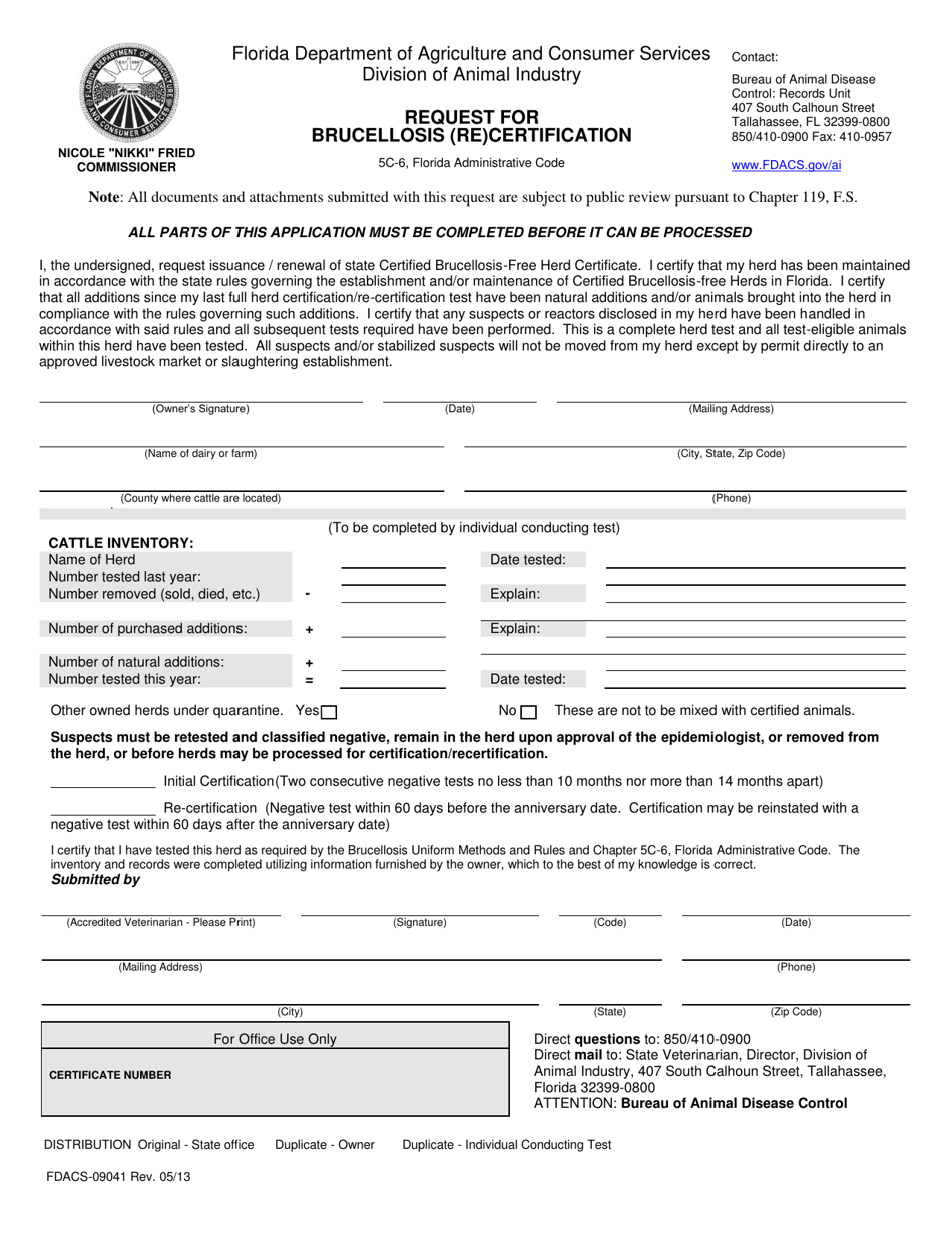 Form FDACS-09041 Request for Brucellosis (Re)certification - Florida, Page 1