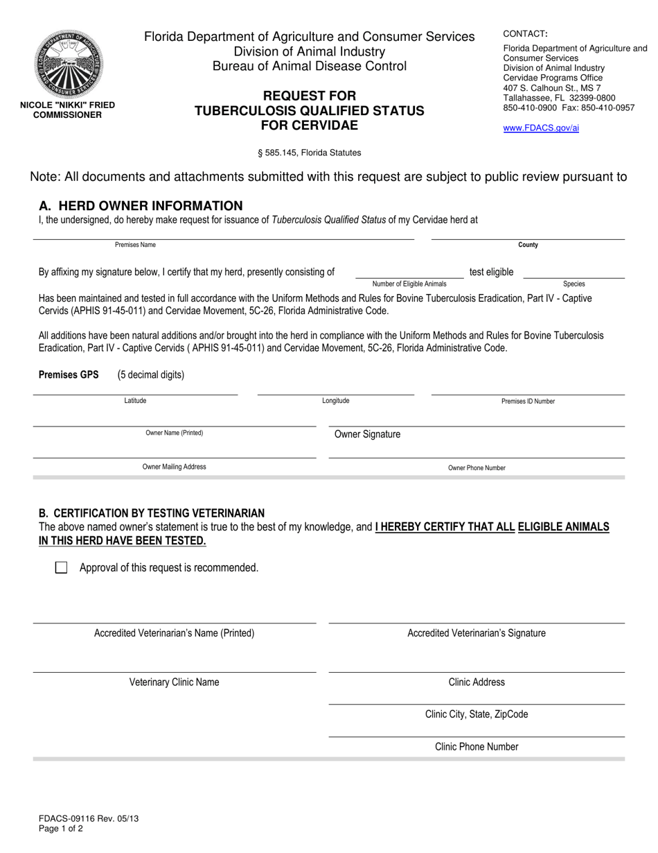 Form FDACS-09116 Request for Tuberculosis Qualified Status for Cervidae - Florida, Page 1