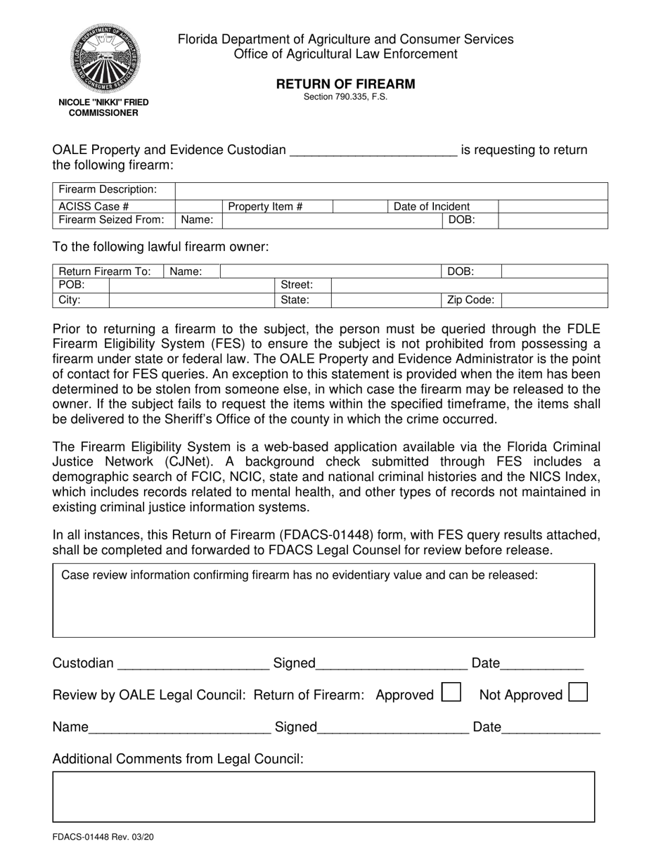 Form FDACS-01448 Return of Firearm - Florida, Page 1