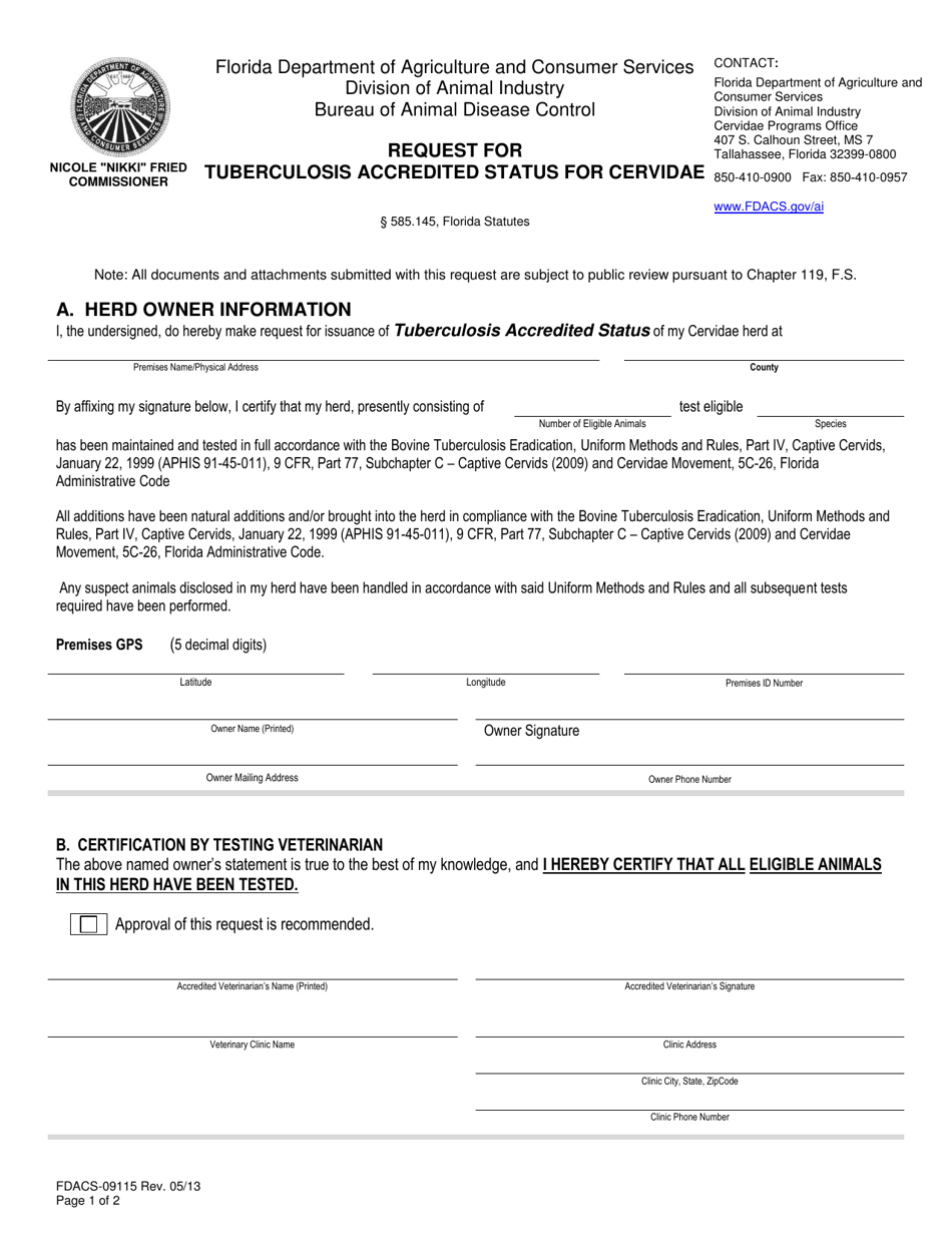 Form FDACS-09115 Request for Tuberculosis Accredited Status for Cervidae - Florida, Page 1