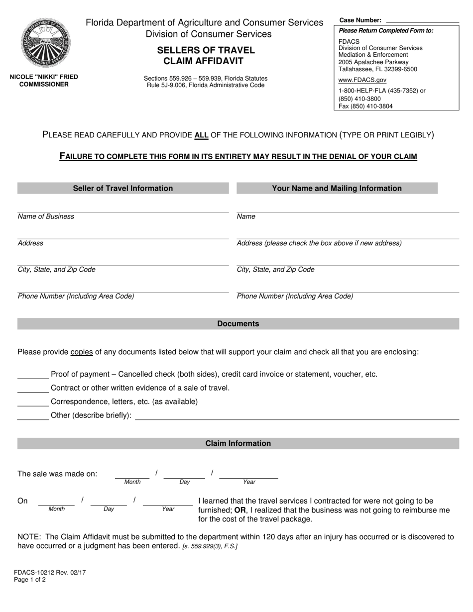 Form FDACS-10212 Seller of Travel Claim Affidavit - Florida, Page 1