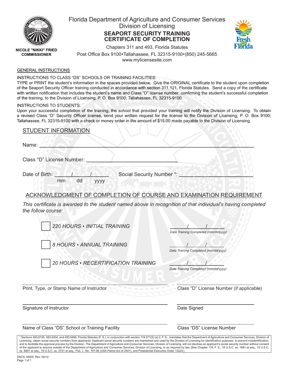Form DACS-16059 Seaport Security Training Certificate of Completion - Florida, Page 1