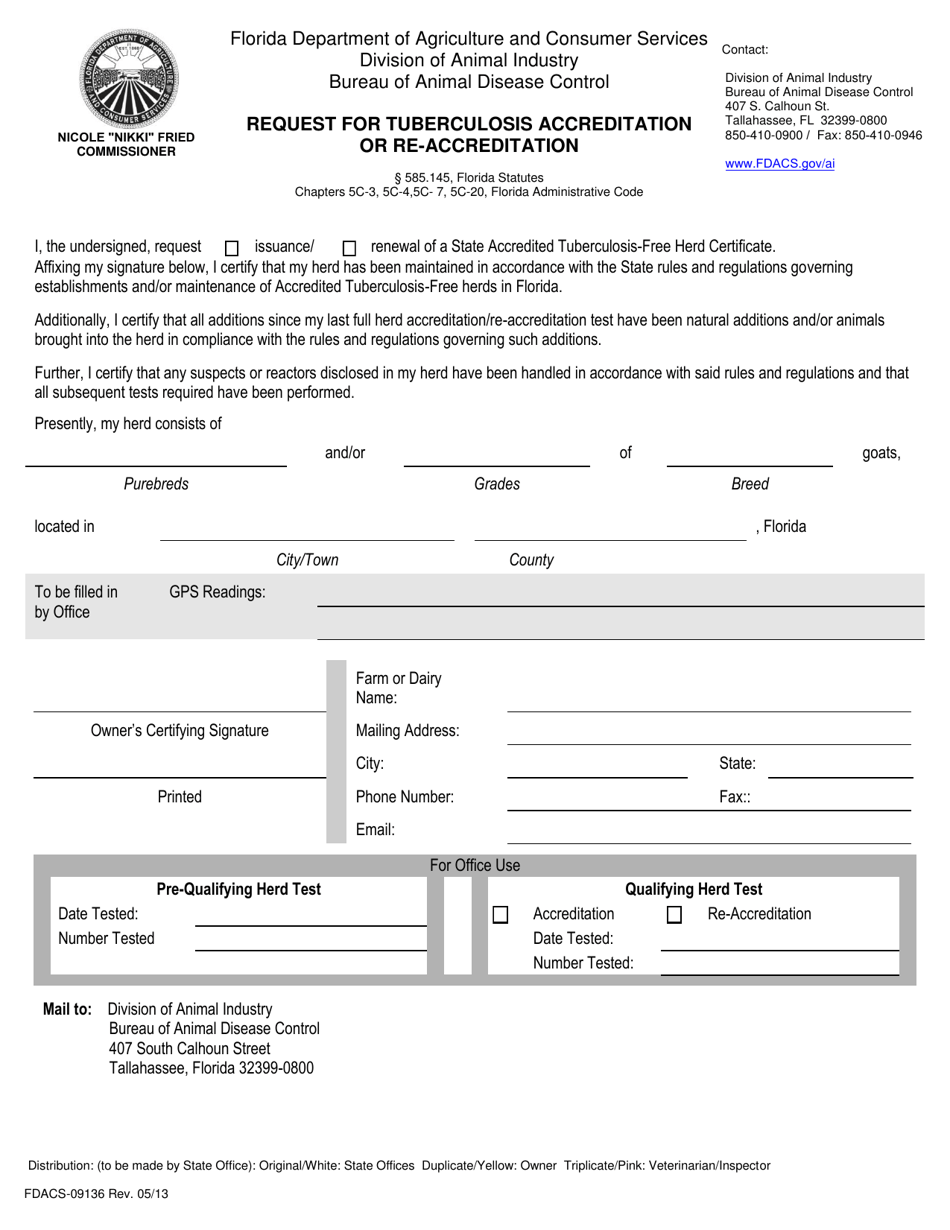 Form FDACS-09136 Request for Tuberculosis Accreditation or Re-accreditation - Florida, Page 1