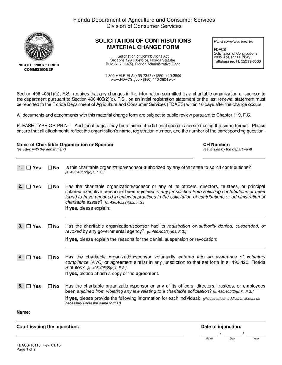 Form FDACS-10118 Solicitation of Contributions Material Change Form - Florida, Page 1
