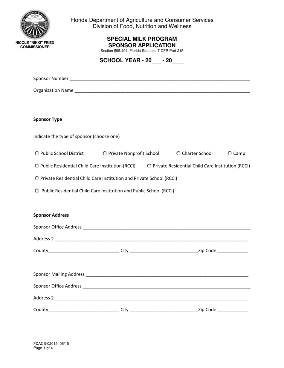 Form FDACS-02015 Special Milk Program Sponsor Application - Florida, Page 1