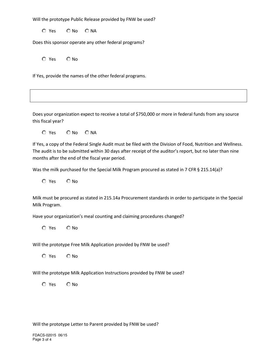 Form FDACS-02015 Special Milk Program Sponsor Application - Florida, Page 3