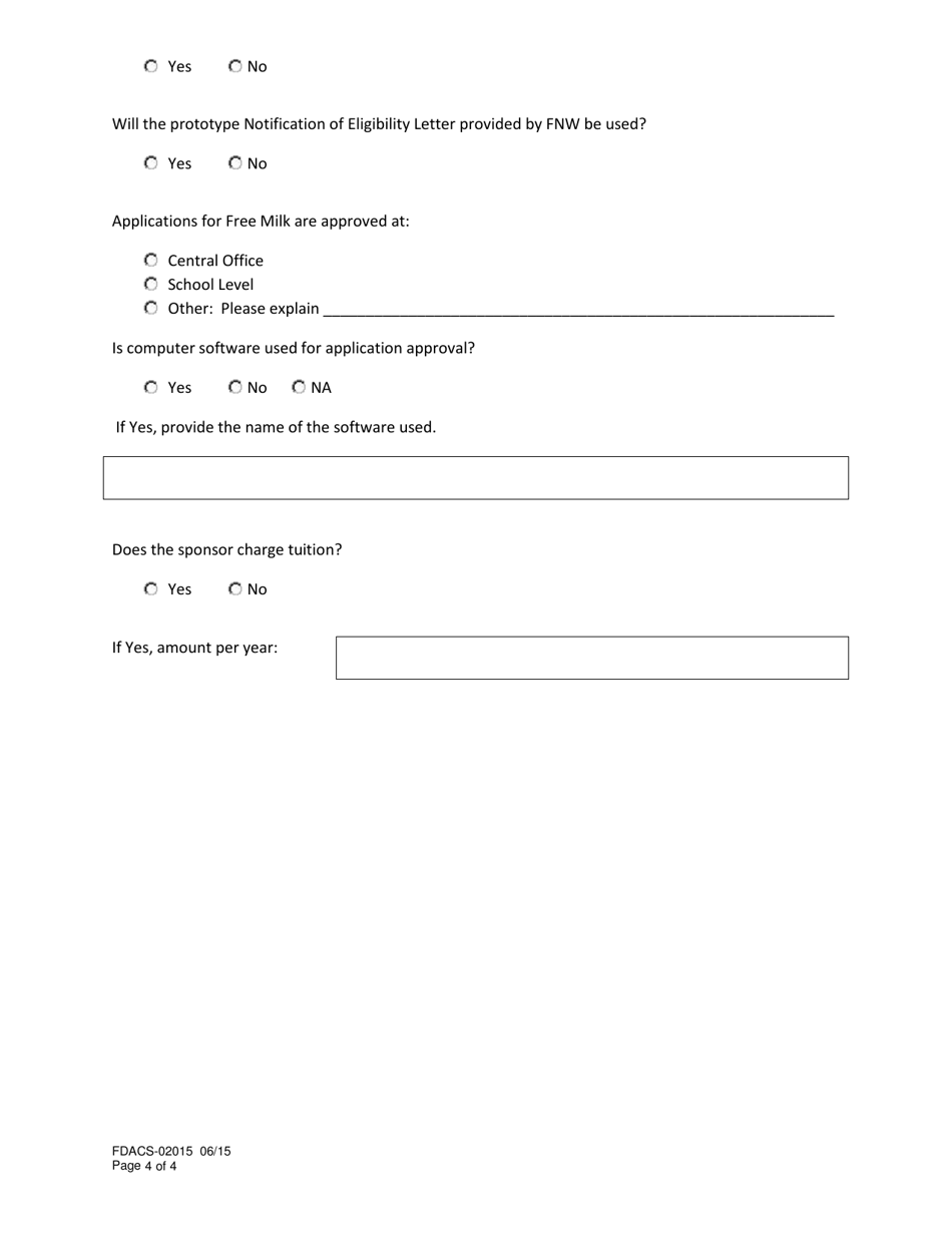 Form FDACS-02015 Special Milk Program Sponsor Application - Florida, Page 4