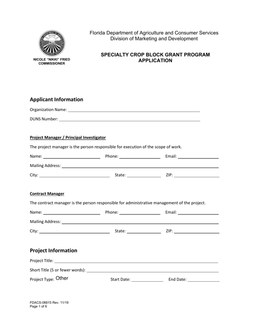 Form FDACS-06615 Specialty Crop Block Grant Program Application - Florida