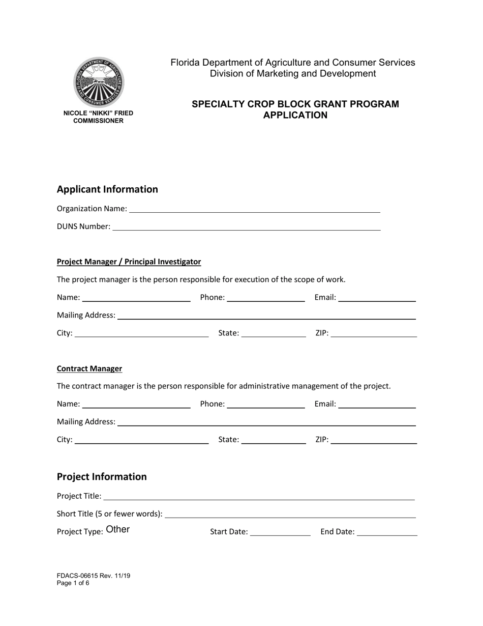 Form FDACS-06615 Specialty Crop Block Grant Program Application - Florida, Page 1
