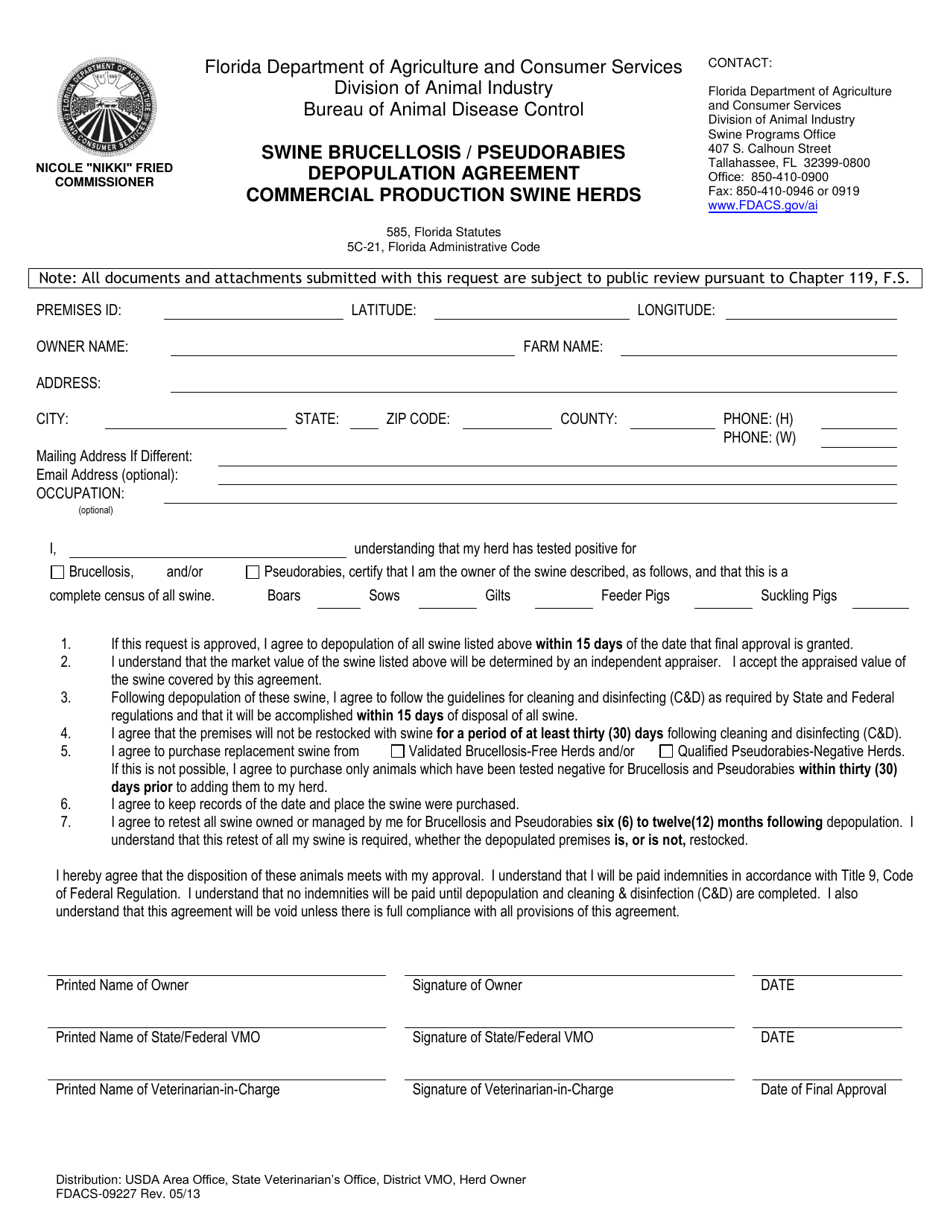 Form FDACS-09227 Swine Brucellosis / Pseudorabies Depopulation Agreement Commercial Production Swine Herds - Florida, Page 1