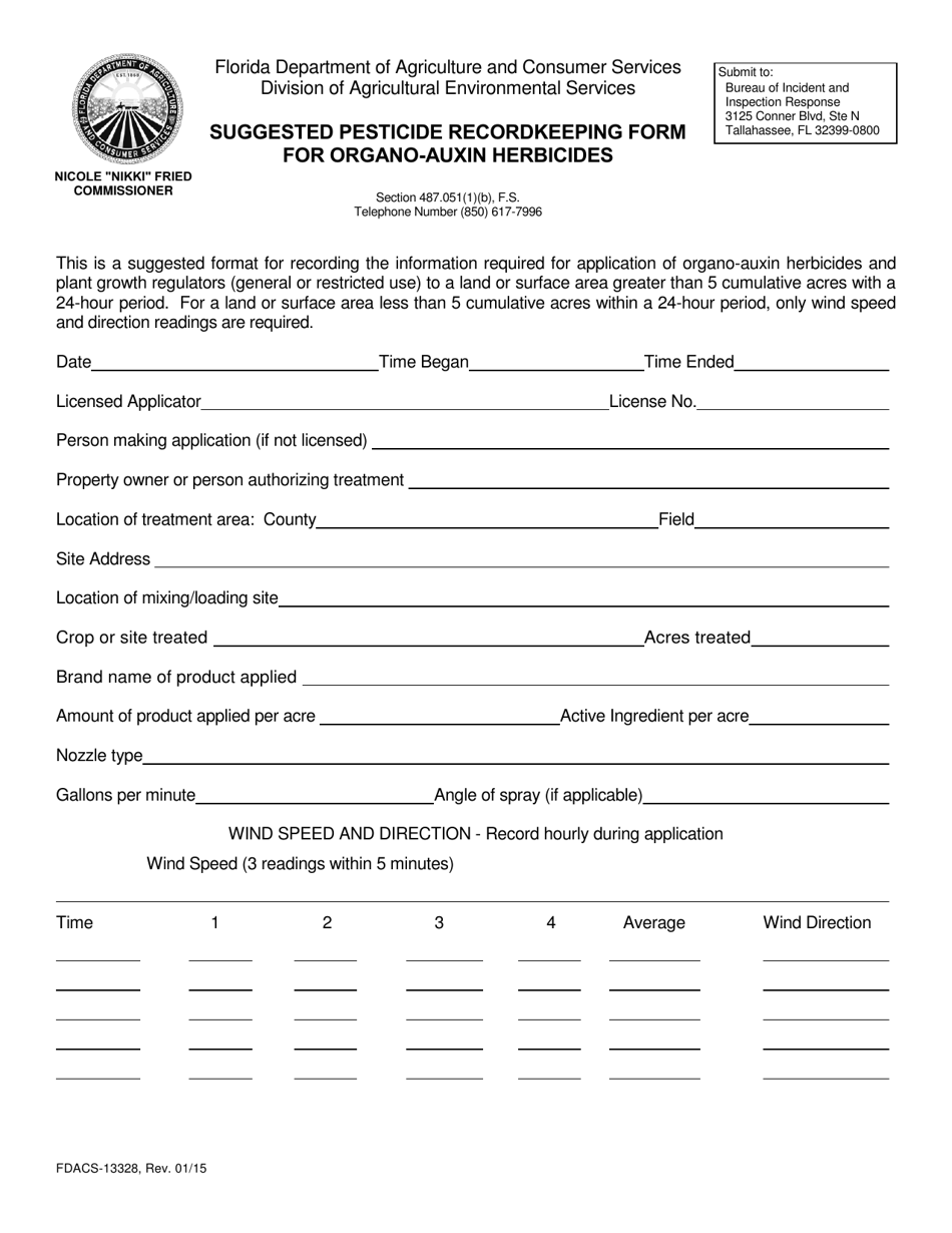 Form FDACS-13328 Suggested Pesticide Recordkeeping Form for Organo-Auxin Herbicides - Florida, Page 1