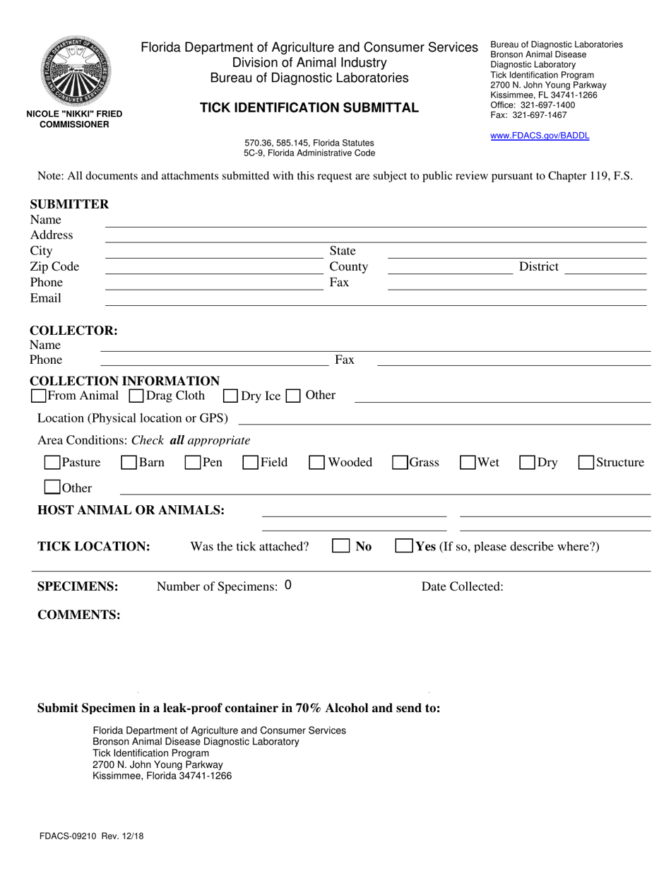 Form FDACS-09210 Tick Identification Submittal - Florida, Page 1