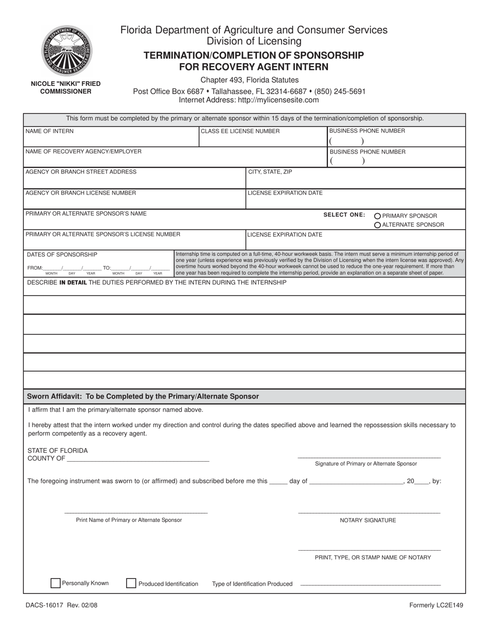 Form DACS-16017 Termination / Completion of Sponsorship for Recovery Agent Intern - Florida, Page 1