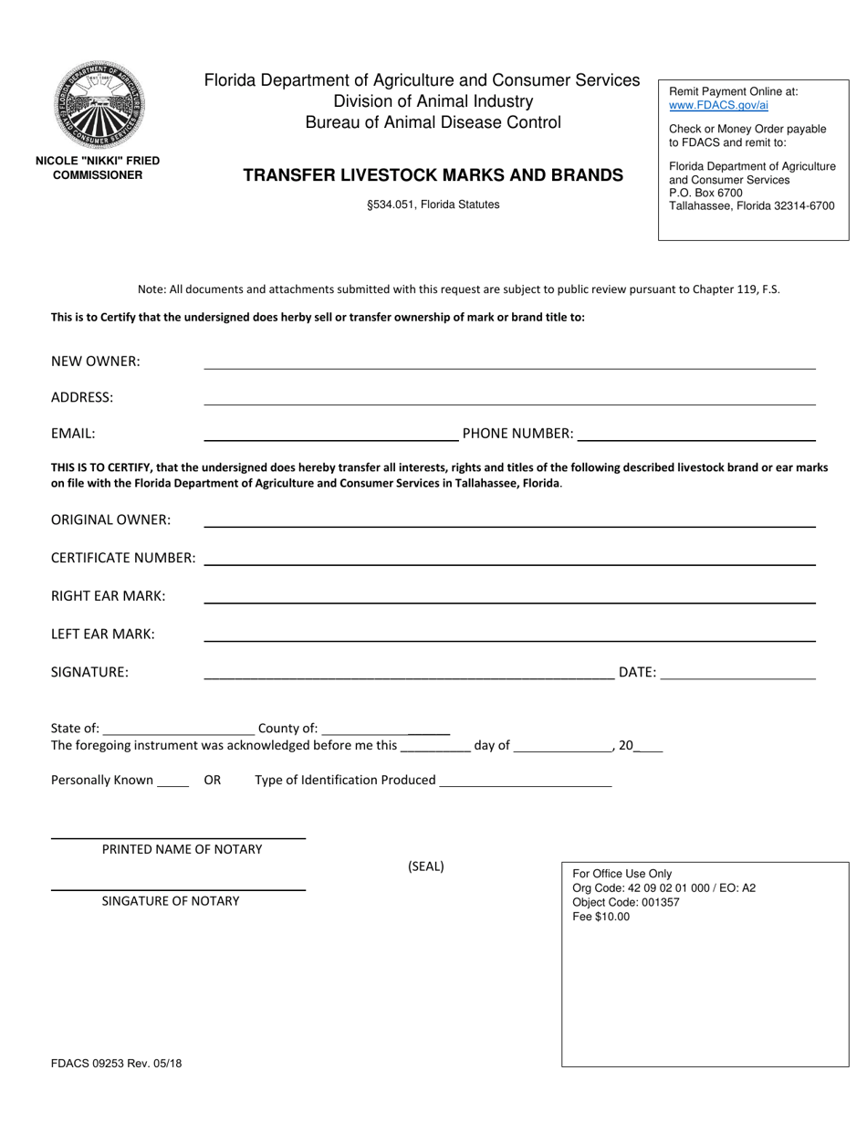 Form FDACS09253 Fill Out, Sign Online and Download Fillable PDF