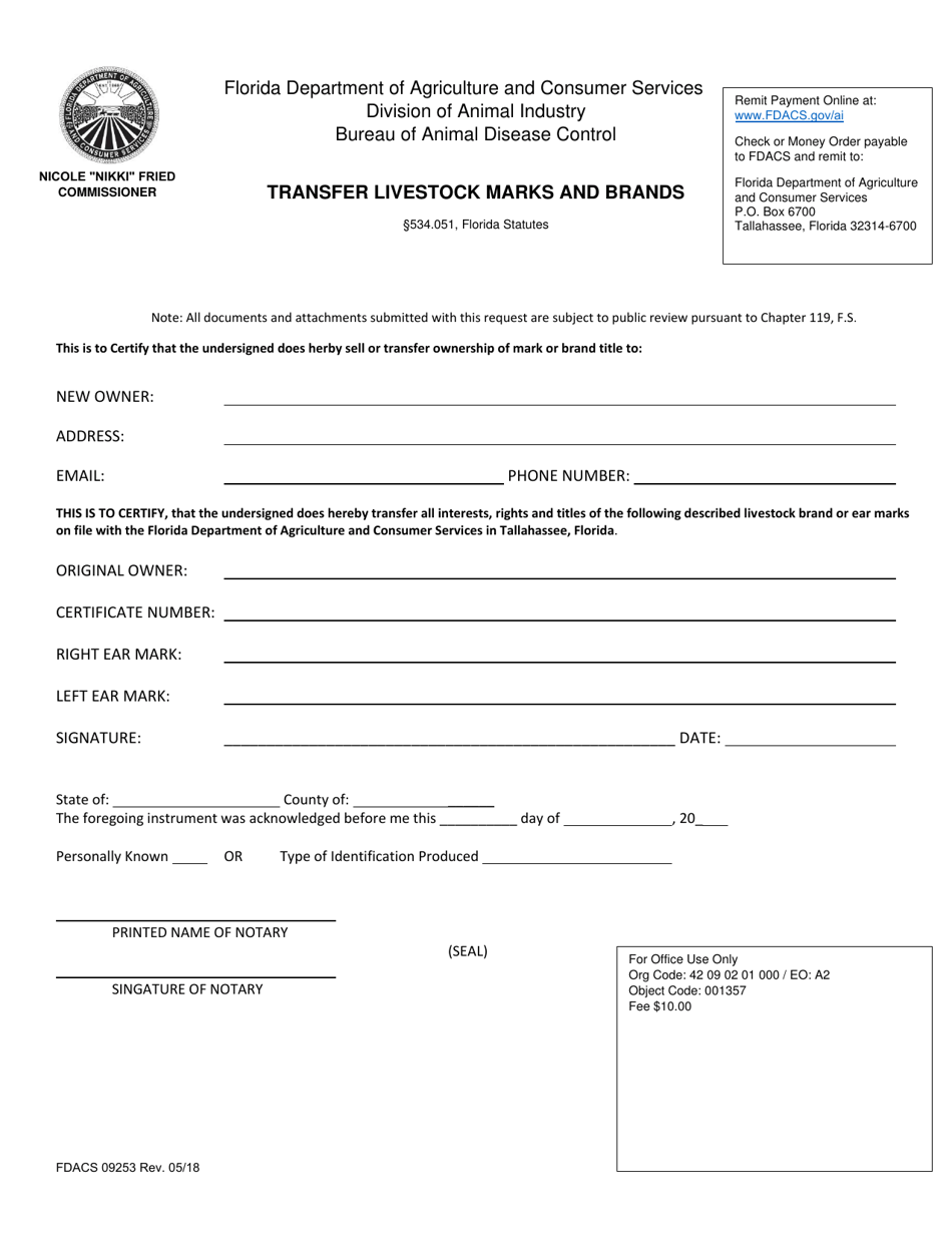 Form FDACS09253 Transfer Livestock Marks and Brands - Florida, Page 1