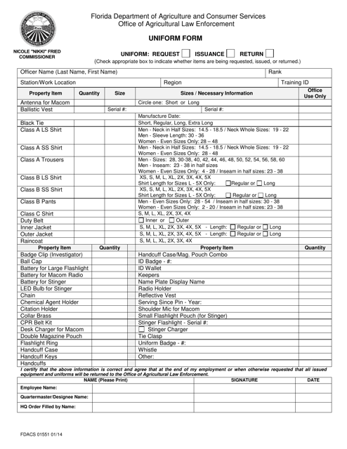 Form FDACS01551  Printable Pdf