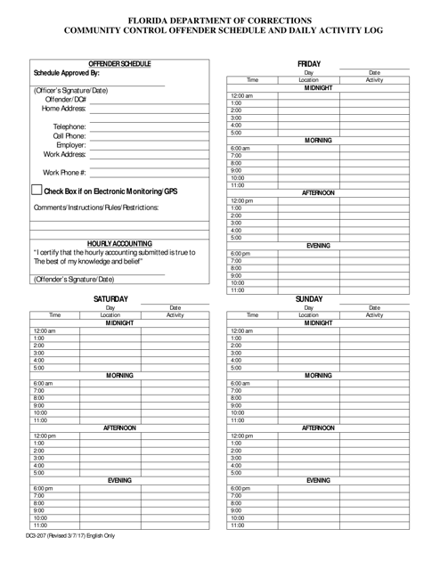 Form DC3-207 Community Control Offender Schedule and Daily Activity Log - Florida