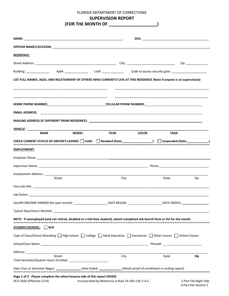 Form DC3-2026 Supervision Report - Florida, Page 1