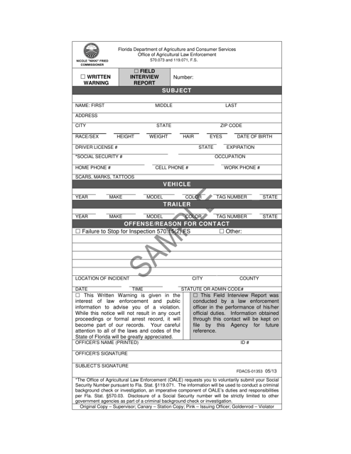Form FDACS-01353  Printable Pdf
