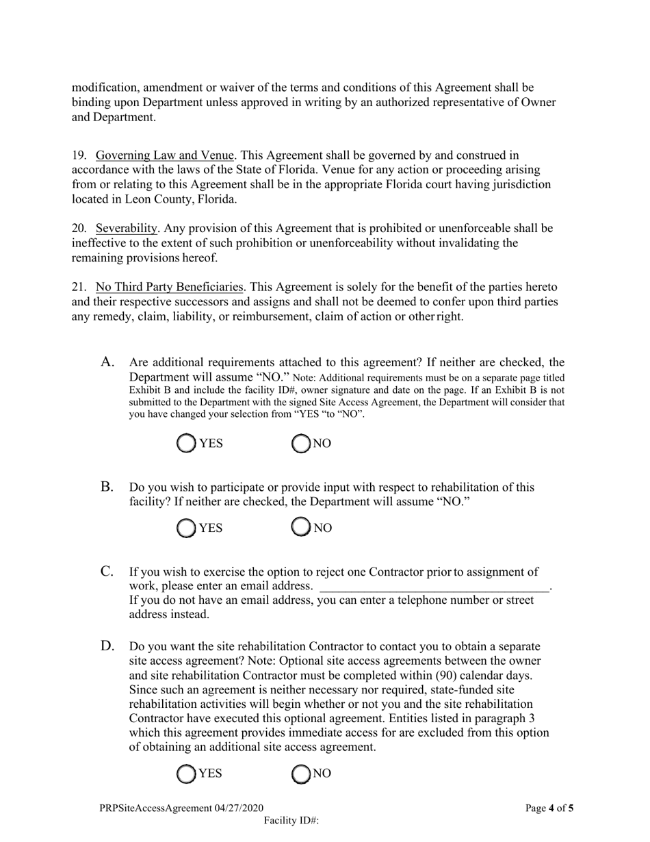 Petroleum Restoration Program Site Access Agreement - Florida, Page 4
