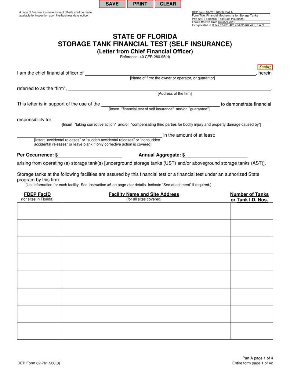 DEP Form 62-761.900(3) Part A Storage Tank Financial Test (Self Insurance) (Letter From Chief Financial Officer) - Florida, Page 1