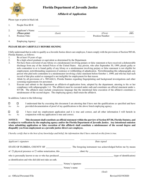 Affidavit of Application - Florida
