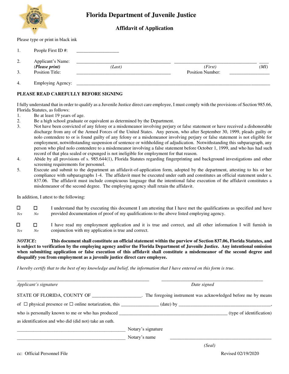 Affidavit of Application - Florida, Page 1