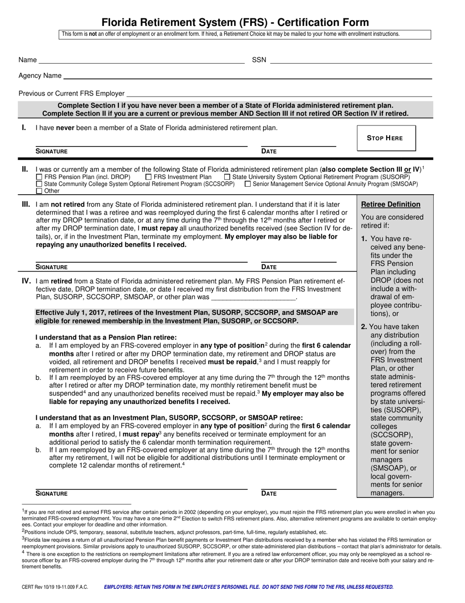 Florida Florida Retirement System (Frs) - Certification Form - Fill Out ...