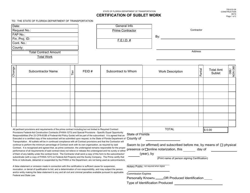 Form 700-010-36 Certification of Sublet Work - Florida, Page 1