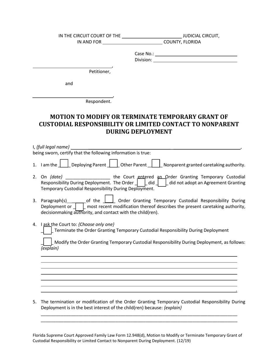 Form 12.948(D) Motion to Modify or Terminate Temporary Grant of Custodial Responsibility or Limited Contact to Nonparent During Deployment - Florida, Page 3