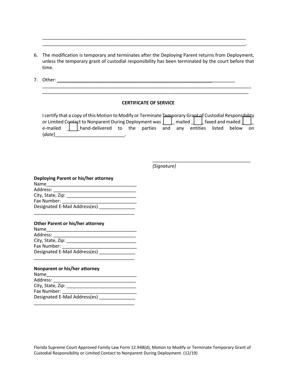 Form 12.948(D) Motion to Modify or Terminate Temporary Grant of Custodial Responsibility or Limited Contact to Nonparent During Deployment - Florida, Page 4