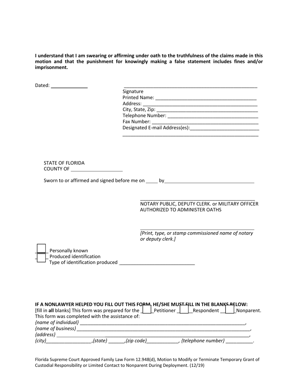 Form 12.948(D) Motion to Modify or Terminate Temporary Grant of Custodial Responsibility or Limited Contact to Nonparent During Deployment - Florida, Page 5