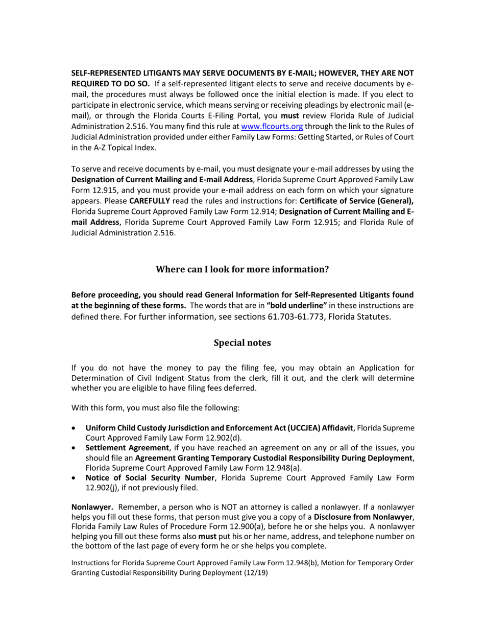 Form 12.948(B) Motion for Temporary Order Granting Custodial Responsibility During Deployment - Florida, Page 3