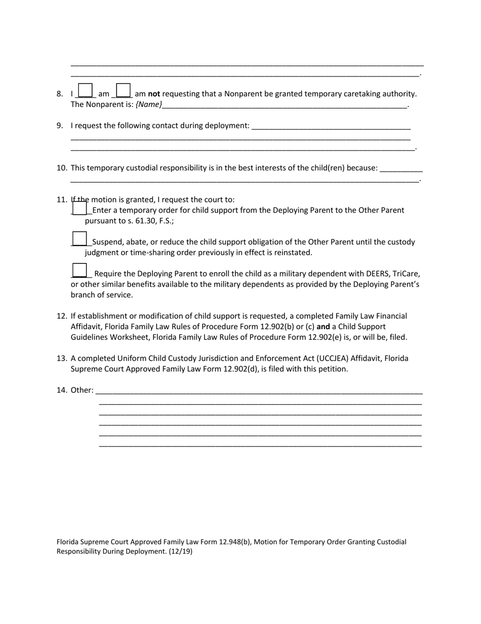 Form 12.948(B) Motion for Temporary Order Granting Custodial Responsibility During Deployment - Florida, Page 5