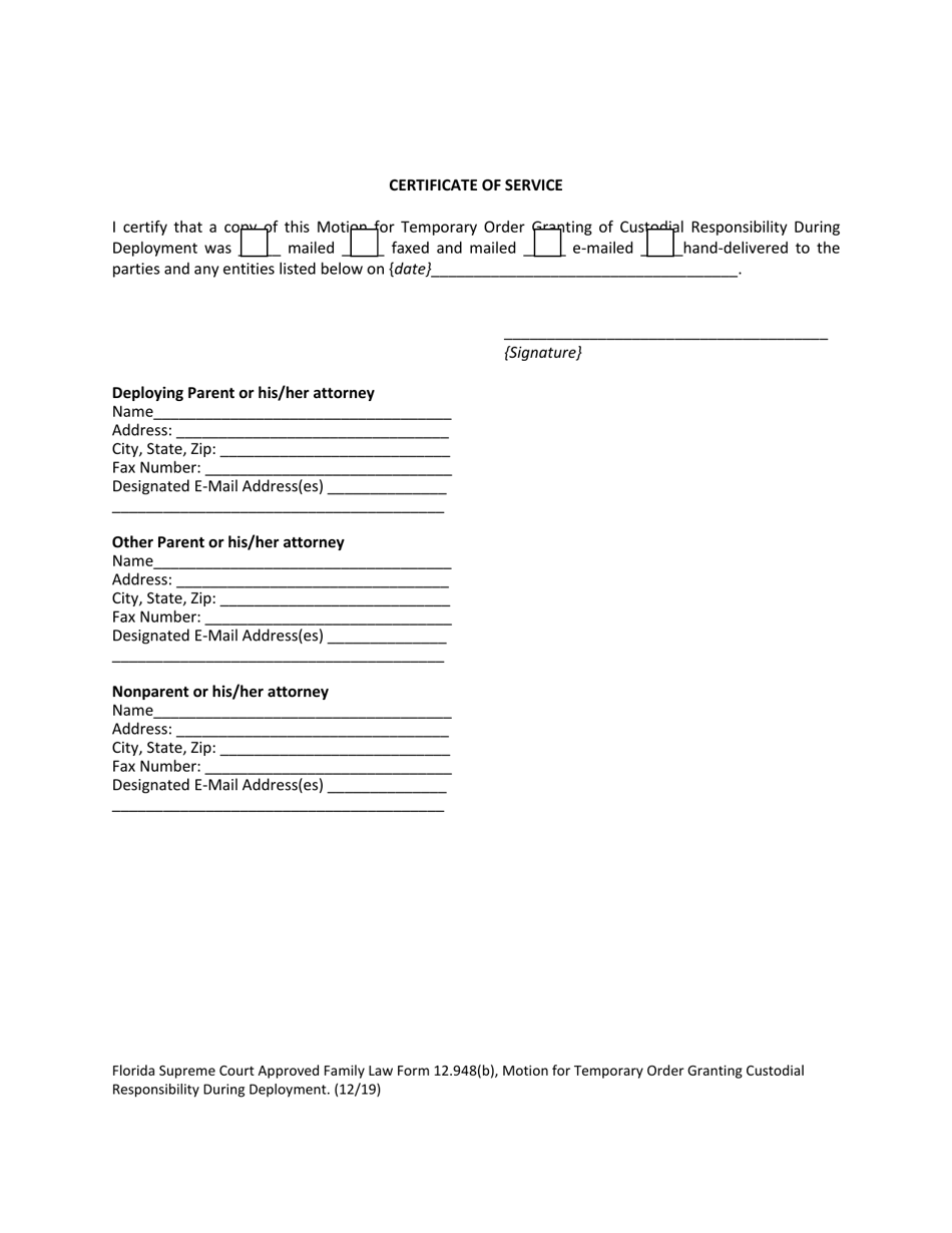 Form 12.948(B) Motion for Temporary Order Granting Custodial Responsibility During Deployment - Florida, Page 6